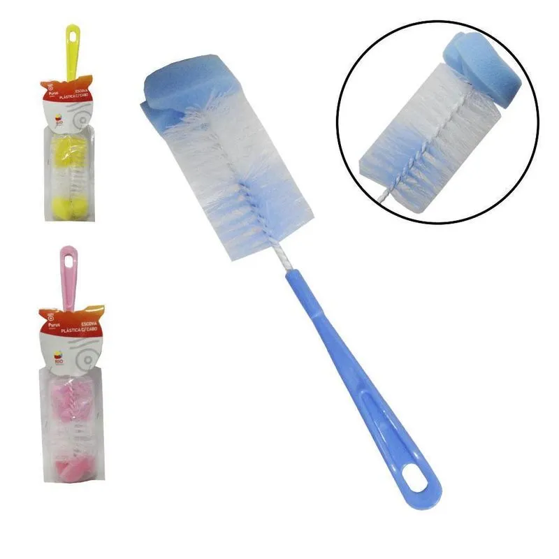 Escova Lava Mamadeira Nylon Esponja Bucha Cabo Plastico 28cm