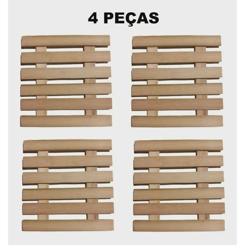Kit 4 Descansos De Panelas Mesa De Bambu Quadrados 17 Cm