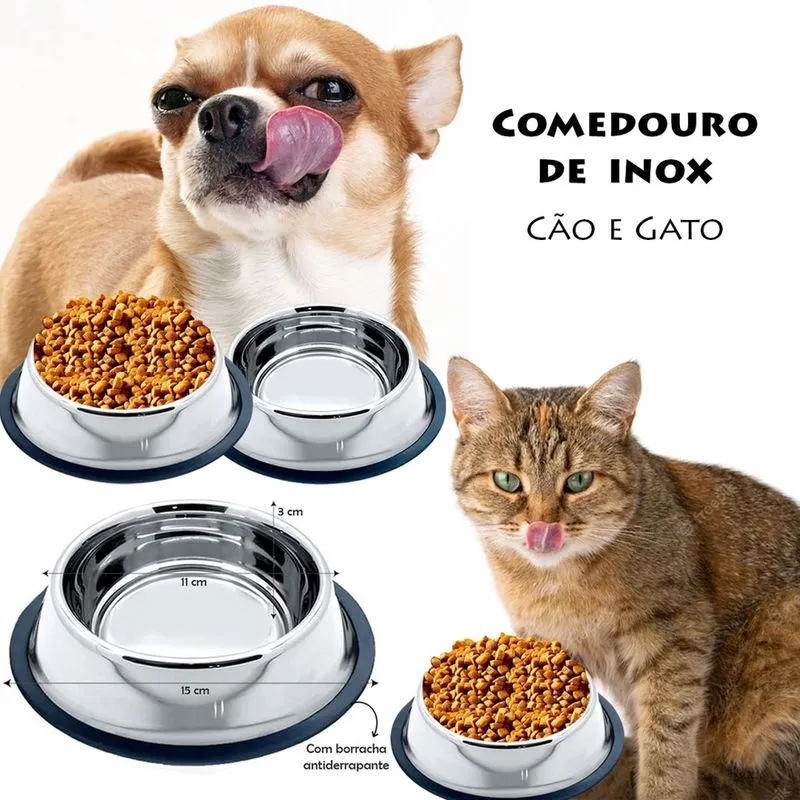 Kit pá dosadora + pote de ração aço inox para cães gato pet