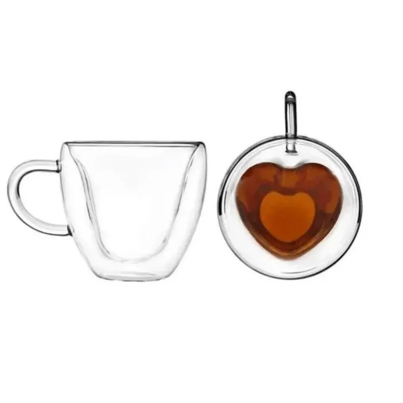 Caneca Xícara Coração Parede Dupla 200ml Café Borossilicato