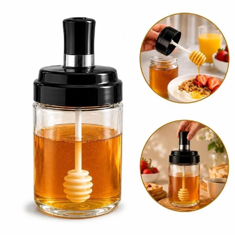 Meleira de Vidro 260ml com Pegador Dosador e Tampa para Mel Xaropes e Caldas em Vidro Transparente