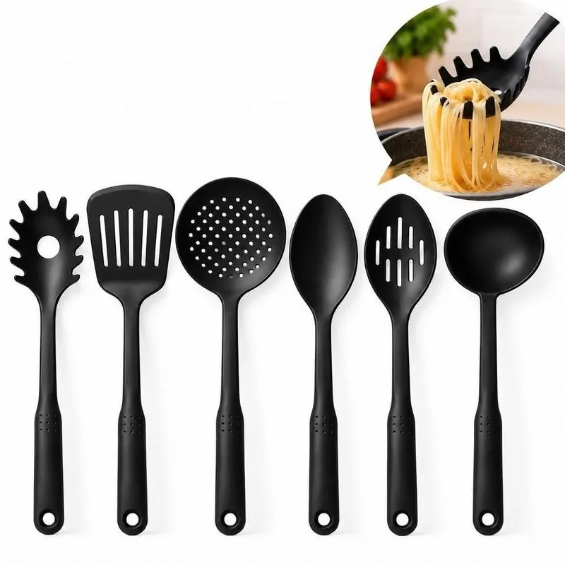 Kit De Utensílios Para Cozinha 6 Peças Preto Com Espátula Escumadeira Colher Concha E Pegador Yeet