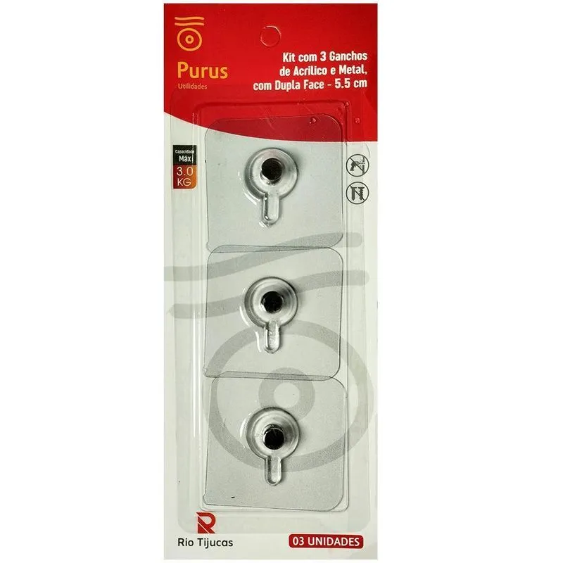 Gancho Metal Quadrad Autoadesiv Transparente Parafuso 3 Peca