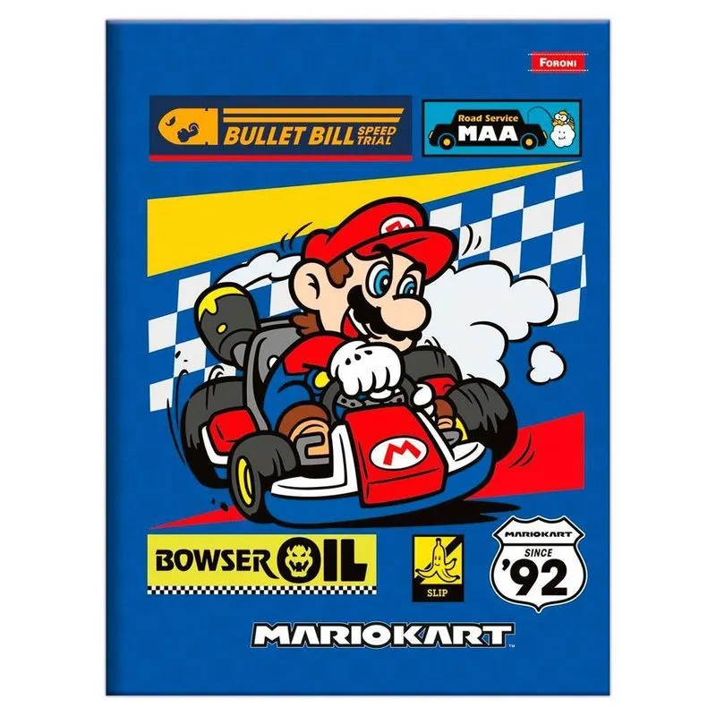 Caderno Brochurão 80Fls Escolar Mario Kart Azul Foroni