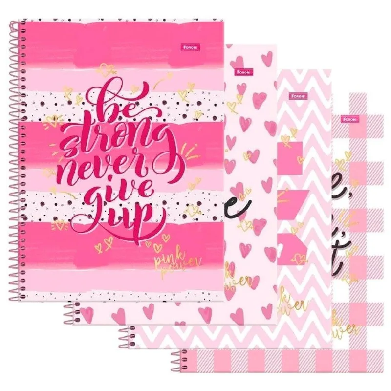 Caderno Espiral Foroni Universitário Capa Dura 10 Matérias Pink Power 160 Folhas - Embalagem Com 4 Unidades