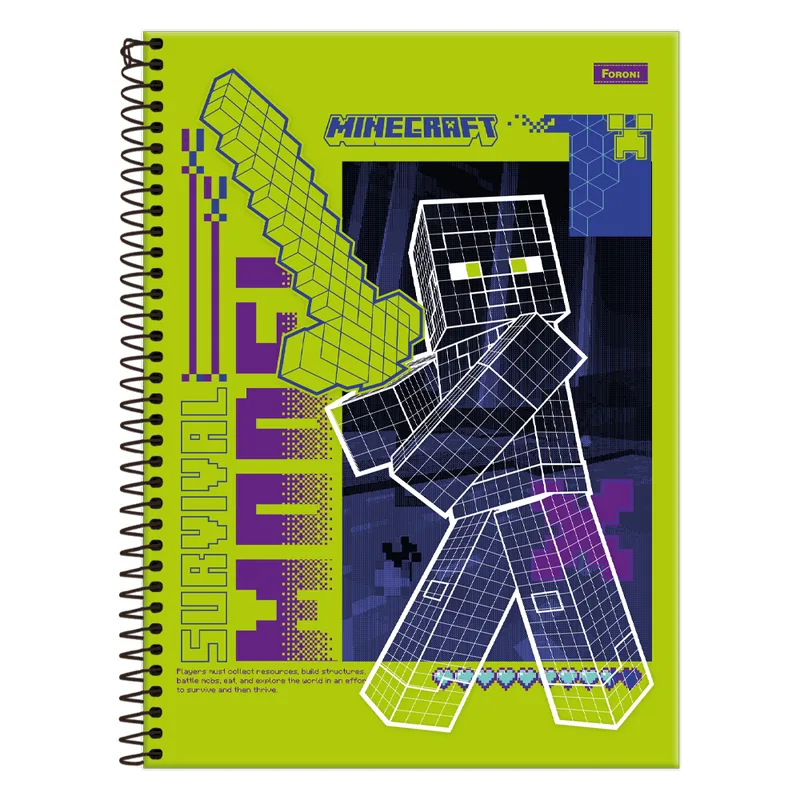 Caderno Universitário Foroni Minecraft 10 Matérias Capa Dura Com 160 Folhas