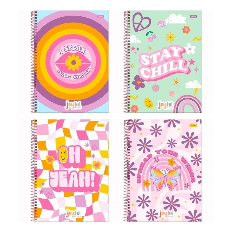 Caderno Espiral Foroni Universitário Capa Dura Joyfull 1 Matéria 80 Folhas - Embalagem Com 4 Unidades