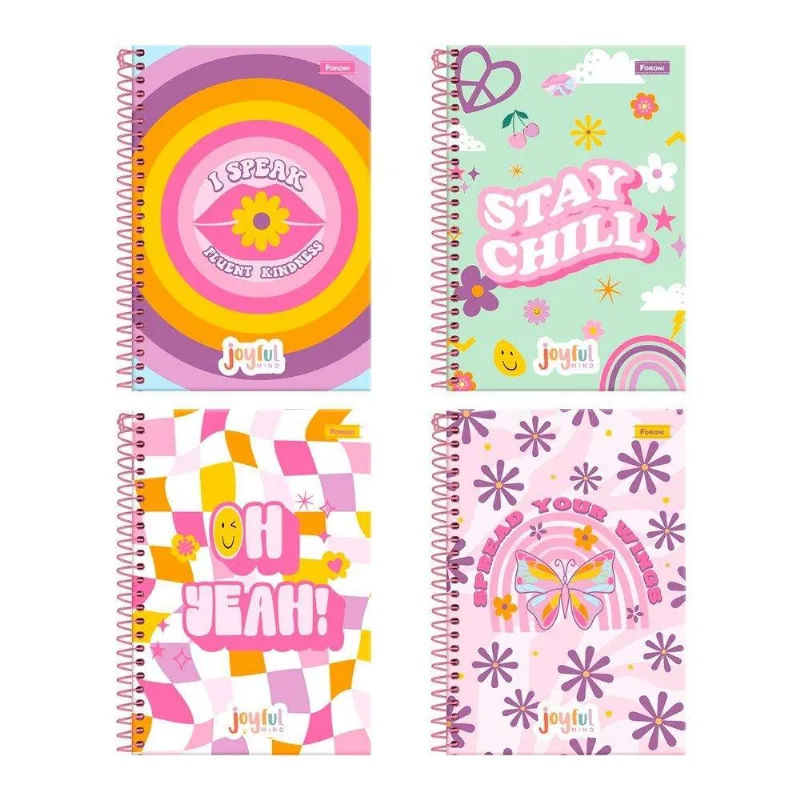Caderno Espiral Foroni Universitário Capa Dura Joyfull 10 Matérias 160 Folhas - Embalagem Com 4 Unidades