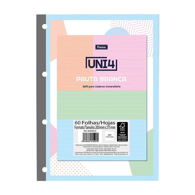 Caderno Universitário Foroni Refil Pauta Branca 200x275cm com 60 Folhas