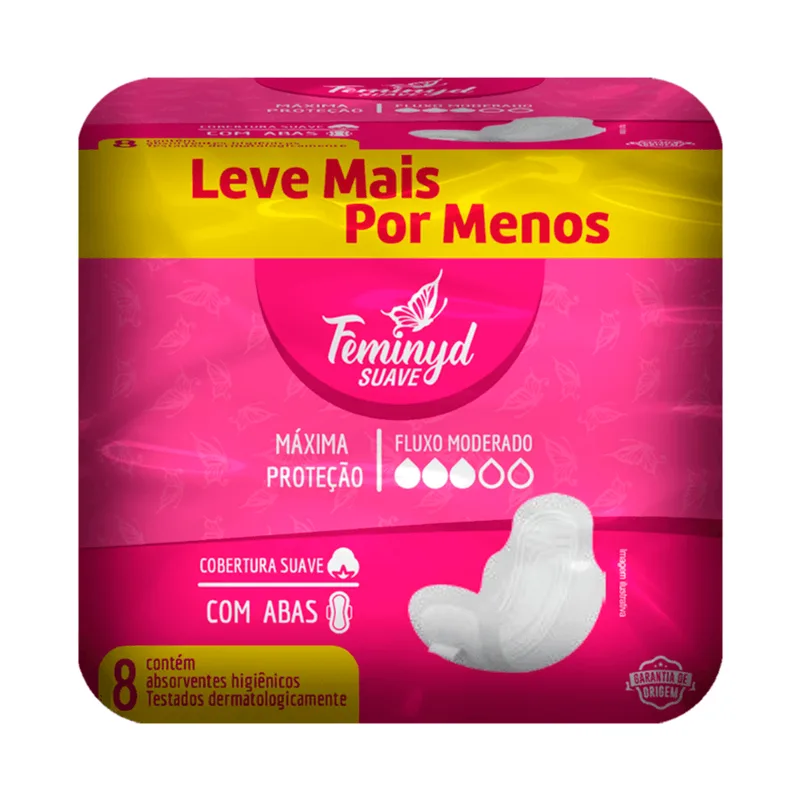 Absorvente Feminyd Cobertura Suave com Abas 8 Unidades