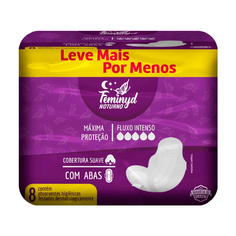 Absorvente Feminyd Noturno Cobertura Suave com Abas 8 Unidades