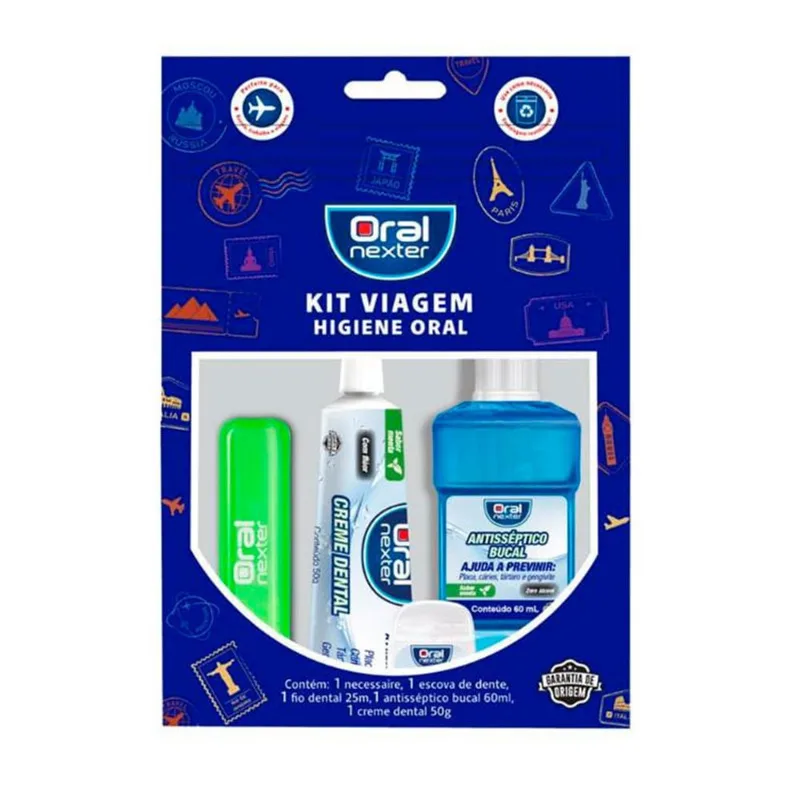 Kit Viagem Oral Nexter 1 Necessaire + 1 Escova de Dente + 1 Fio Dental 25m + 1 Antisséptico Bucal 60ml + 1 Creme Dental 50g