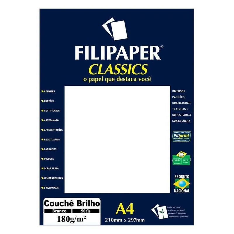 Papel Couchê Brilho Branco A4 Filipaper 180g 50 Folhas