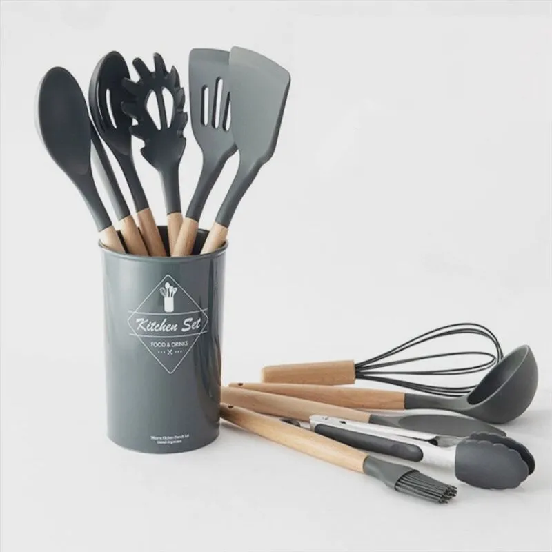 Kit c/ 12 Utensílios Cozinha Silicone Cabo Madeira Cinza