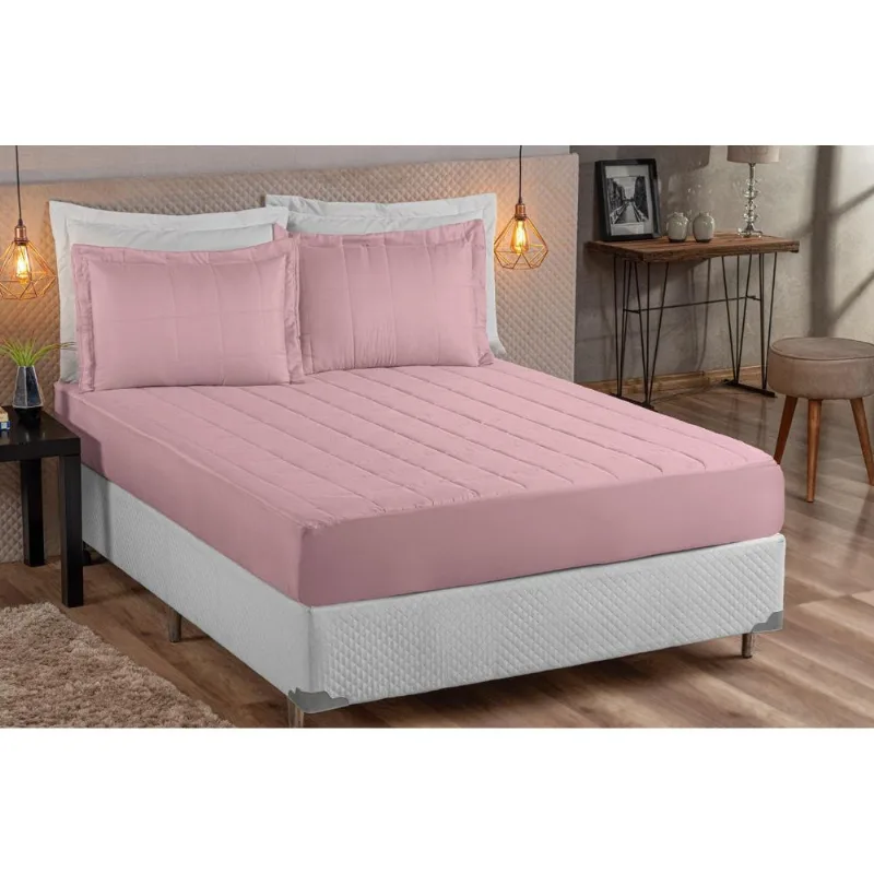 Kit Colcha Rosa Matelada Com Elastico Solteitro 02 Peças