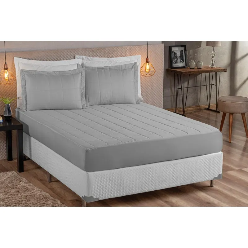Kit Colcha Cinza Matelada Com Elastico King 03 Peças
