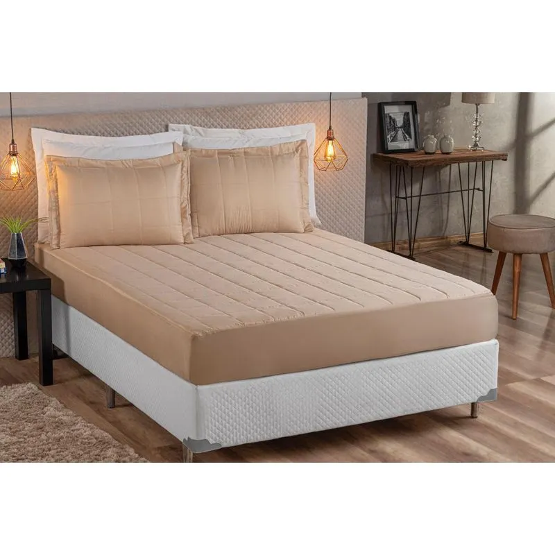 Kit Colcha Bege Matelada Com Elastico King 03 Peças