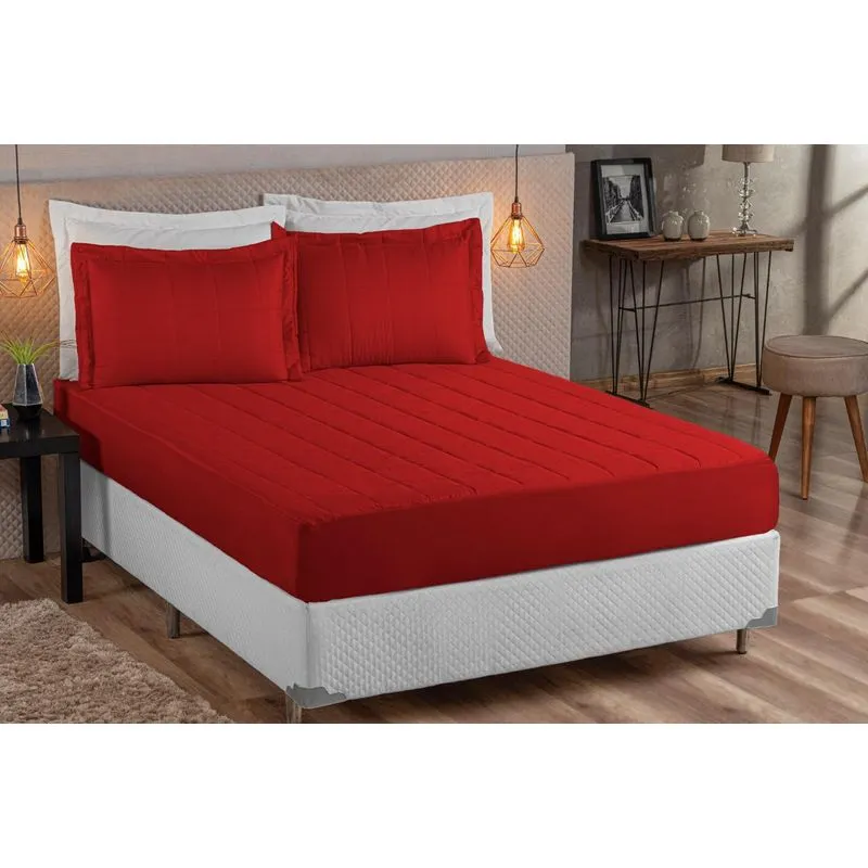 Kit Colcha Com Elastico Matelado Casal Padrão 3 Pçs Vermelho