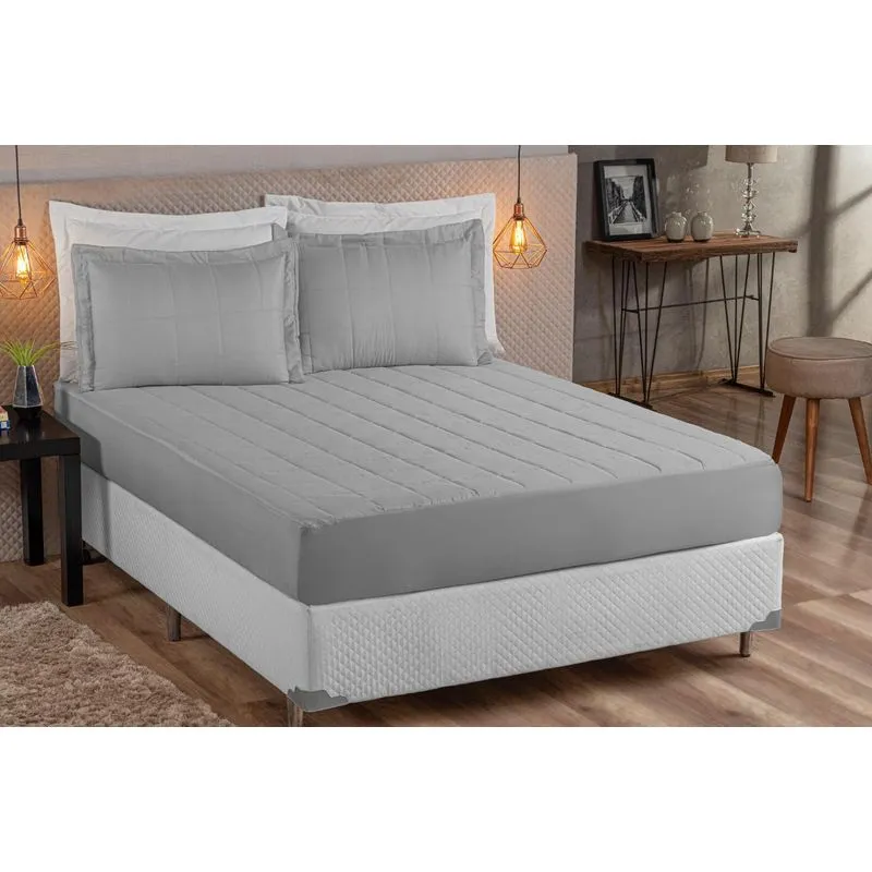 Kit Colcha Com Elastico Matelado Casal Queen 03 Peças Cinza