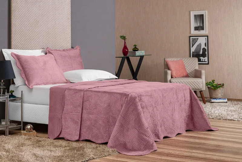 Jogo de Cama Casal King Colcha Dupla Face Rosê Geométrica