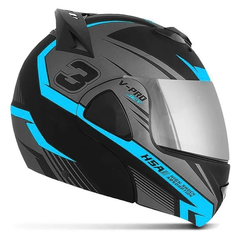 Capacete V-Pro Jet 3 Preto Cromada Azul Claro 58