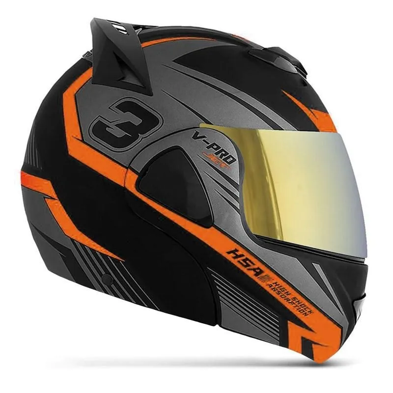 Capacete V-Pro Jet 3 Preto Dourada Laranja 58