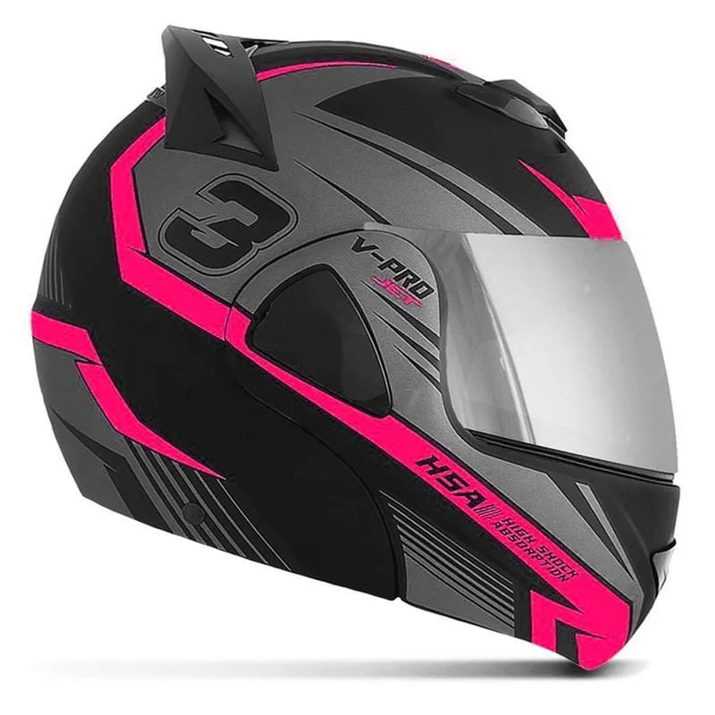 Capacete V-Pro Jet 3 Preto Cromada Rosa 60