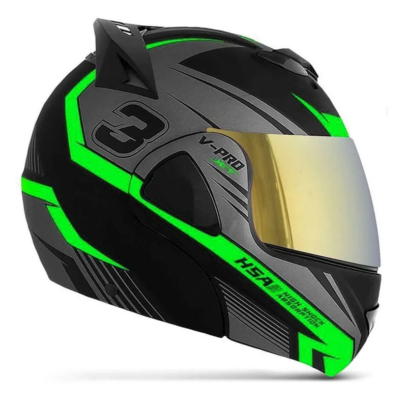 Capacete V-Pro Jet 3 Preto Dourada Verde 60