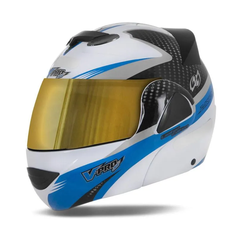 Capacete V-pro Jet 2 Carbon Branco Dourada Azul 58
