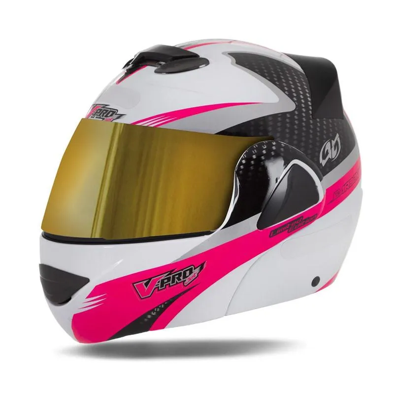Capacete V-pro Jet 2 Carbon Branco Dourada Rosa 58 Capacete V-pro Jet 2 Carbon Branco Dourada Rosa 58