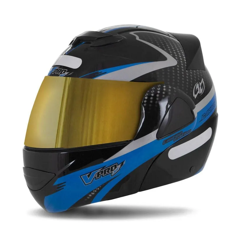 Capacete V-Pro Jet 2 Carbon Preto Dourada Azul 62
