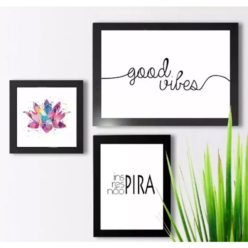 Conjunto Kit 3 Quadros Decorativos Frases Good Vibes Inspira