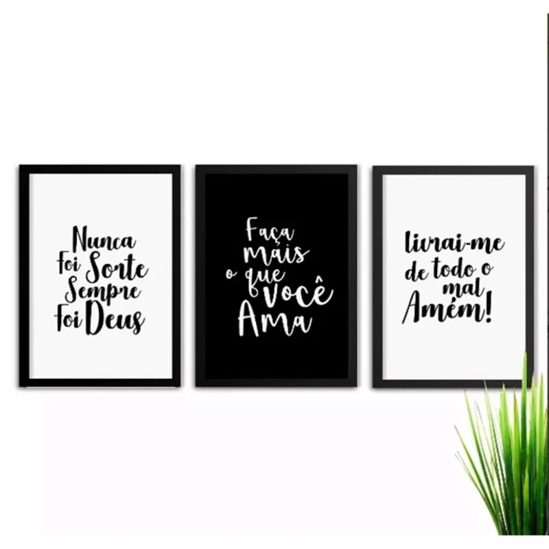 Conjunto Kit De Quadros Frases Deus Motivação Moldura Vidro