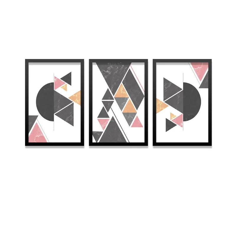 Conjunto Kit 3 Quadros Formas Geométricas Moldura Preta