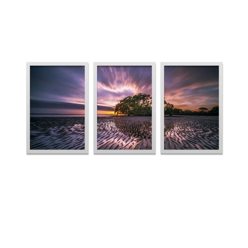 Conjunto Kit 3 Quadros Rio Ao Pôr Do Sol Moldura Branca
