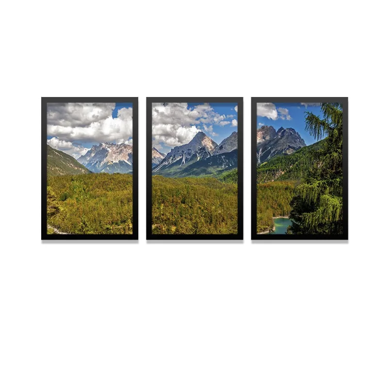 Conjunto Kit 3 Quadros Montanhas Ao Campo Moldura Preta