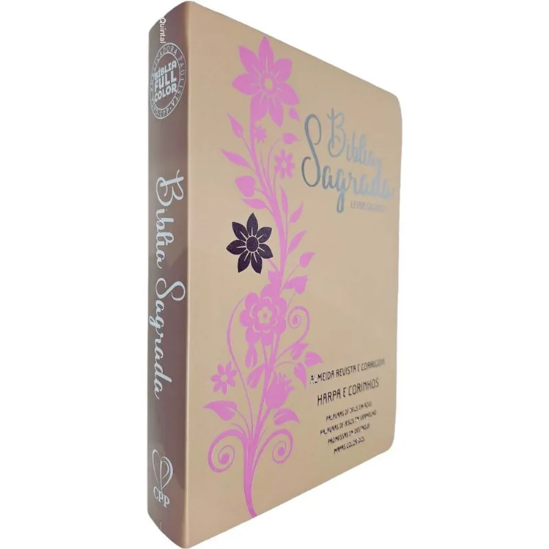 Bíblia Sagrada Arc Fc Capa Pu Luxo Flor Rosa E Rose Pda Pjv Ped Mc Harpa Avivada E Corinhos Letra Gigante Cpp