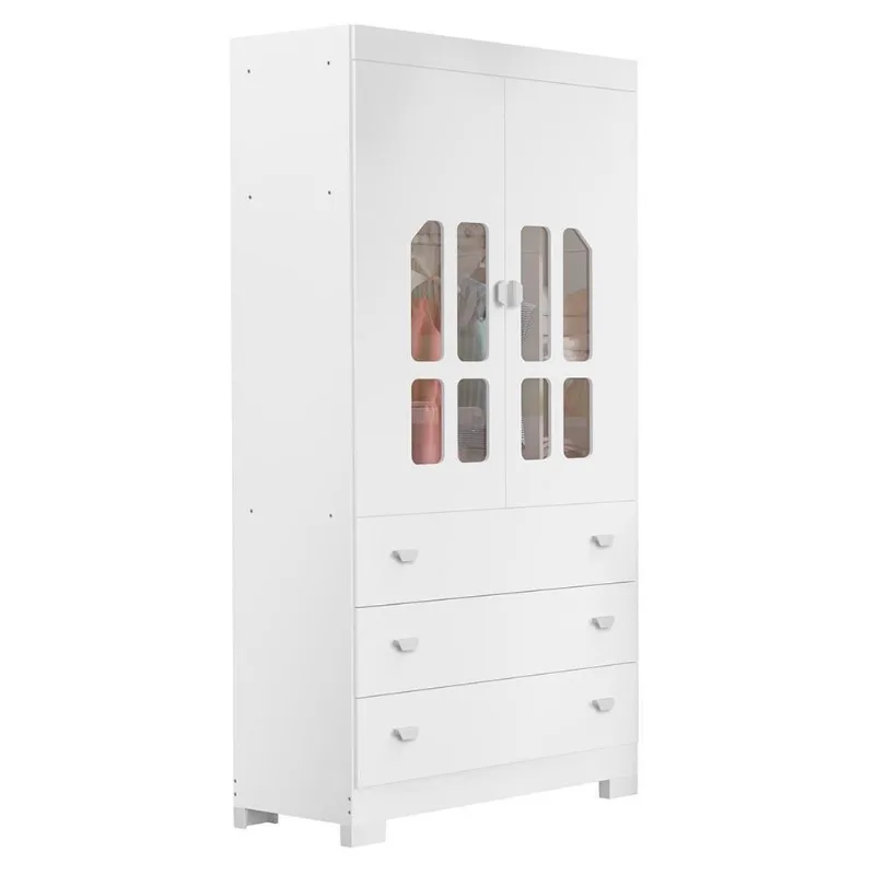 Guarda Roupa Infantil New Katatau 2 Portas Bater 3 Gavetas MDF Branco Fosco Reller Móveis