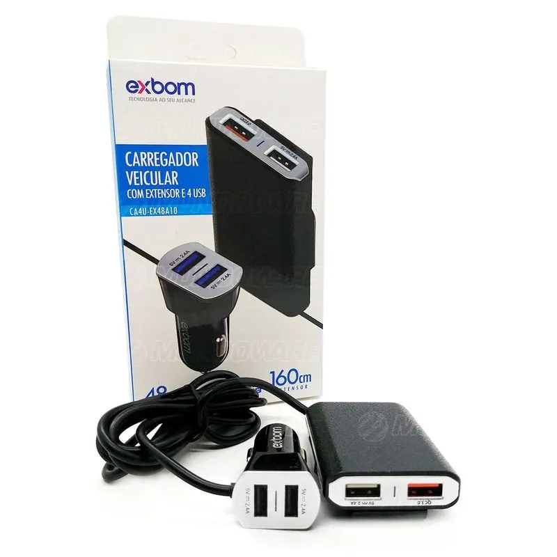 Carregador Veicular com Cabo Extensor 160cm para Banco Traseiro 4 Portas USB 48W QC 3.0 Carga Rápida