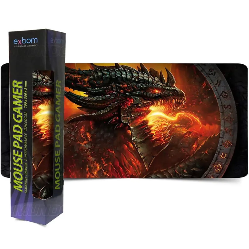 Mouse Pad Gamer Extra Grande 700x350x3mm Bordas Costuradas Base Antiderrapante Dragão de Fogo