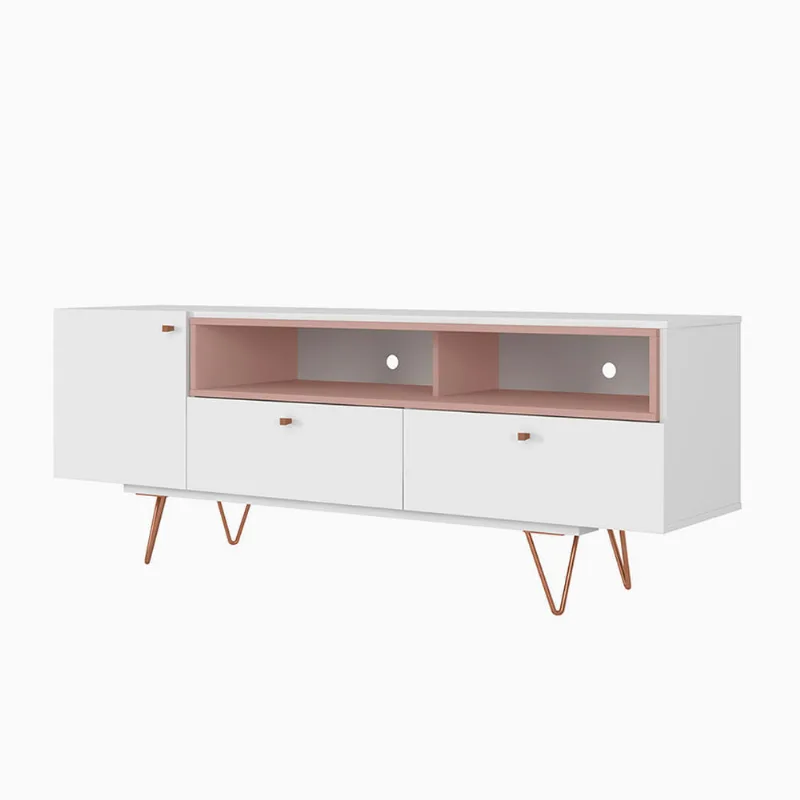 Rack Retrô Alasca com 02 Gavetas e 01 Porta Branco e Rose