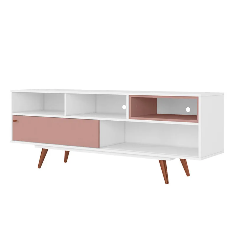 Rack Retrô Lyon com Porta de Correr Branco e Rose