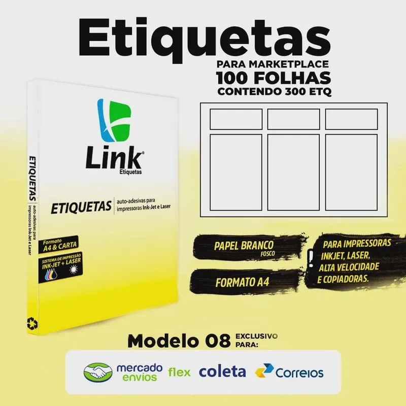 Etiqueta Adesiva Para Envios 100 Folhas Formato A4 Link Modelo 8 Flex - Coleta - Correios