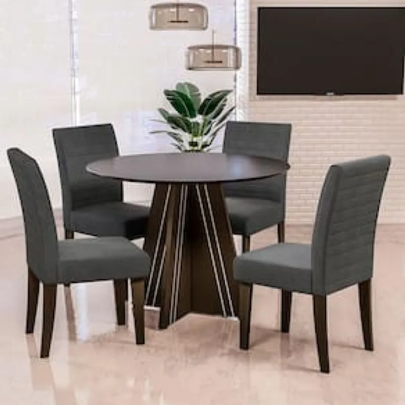 Mesa de Jantar Redonda Dobuê Turim com 4 Cadeiras com Revestimento em Suede Marrom