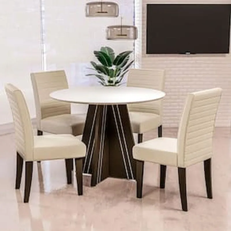 Mesa de Jantar Redonda Dobuê Turim com 4 Cadeiras com Revestimento em Suede Bege Claro