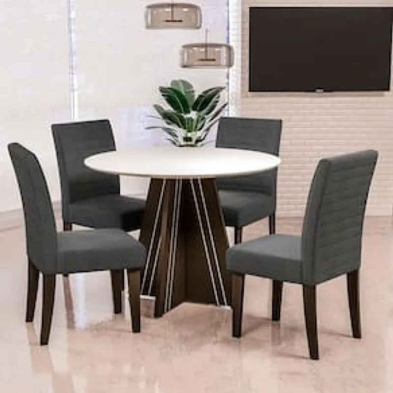 Mesa de Jantar Redonda Dobuê Turim com 4 Cadeiras com Revestimento em Suede Bege