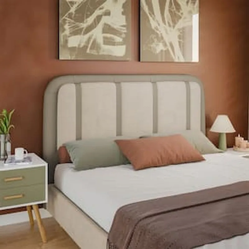 Cabeceira para Cama Box Queen Dobuê Leon com Revestimento em Veludo e Corino Bege Médio