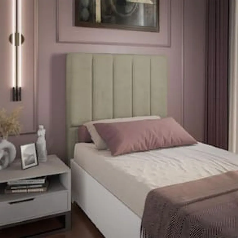 Cabeceira para Cama Box Solteiro Dobuê Veneza com Revestimento em Veludo Bege Médio