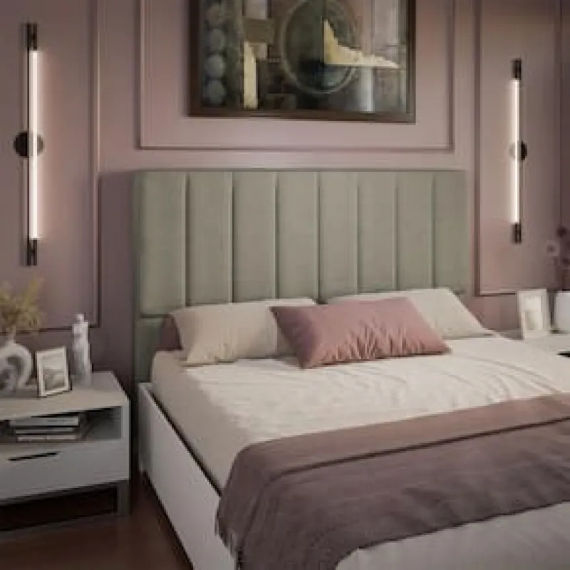 Cabeceira para Cama Box Queen Dobuê Veneza com Revestimento em Veludo Bege Claro