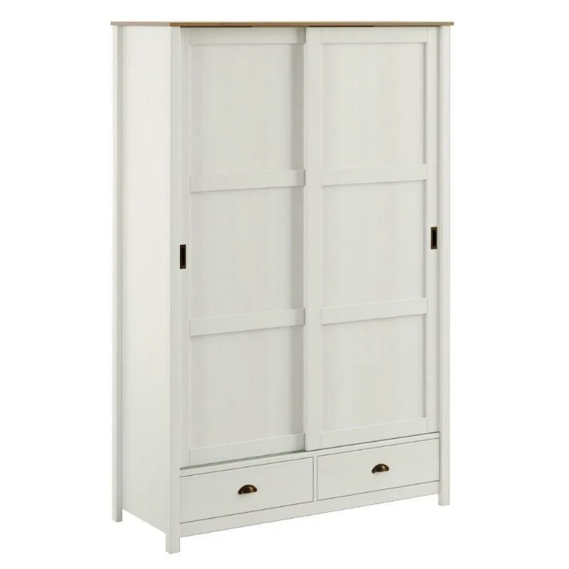 Guarda Roupa Solteiro 9178 2 Portas de Correr 2 Gavetas Madeira Maciça Taeda Branco Freijo Milani